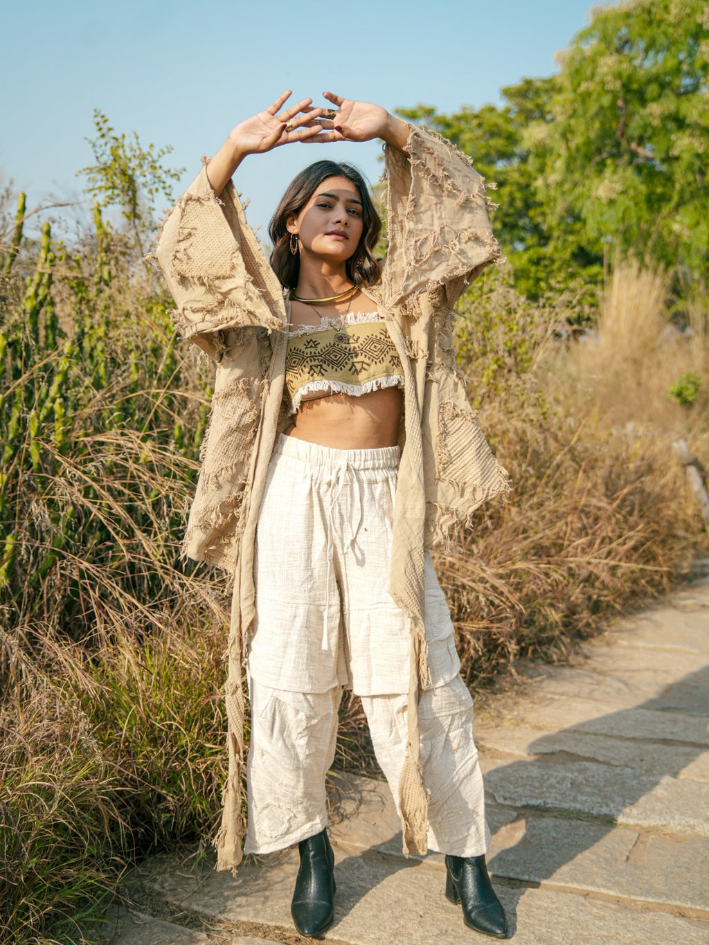 Desert Dori Raja Tie Wrap Top – Patch Work Jute Top with Bell Sleeves