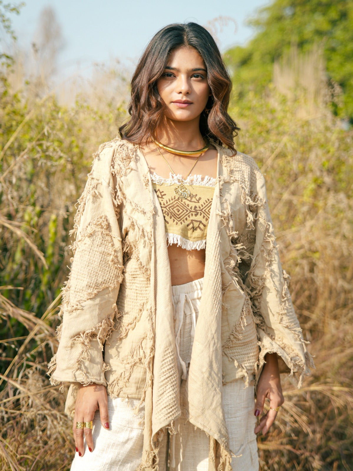 Desert Dori Raja Tie Wrap Top – Patch Work Jute Top with Bell Sleeves