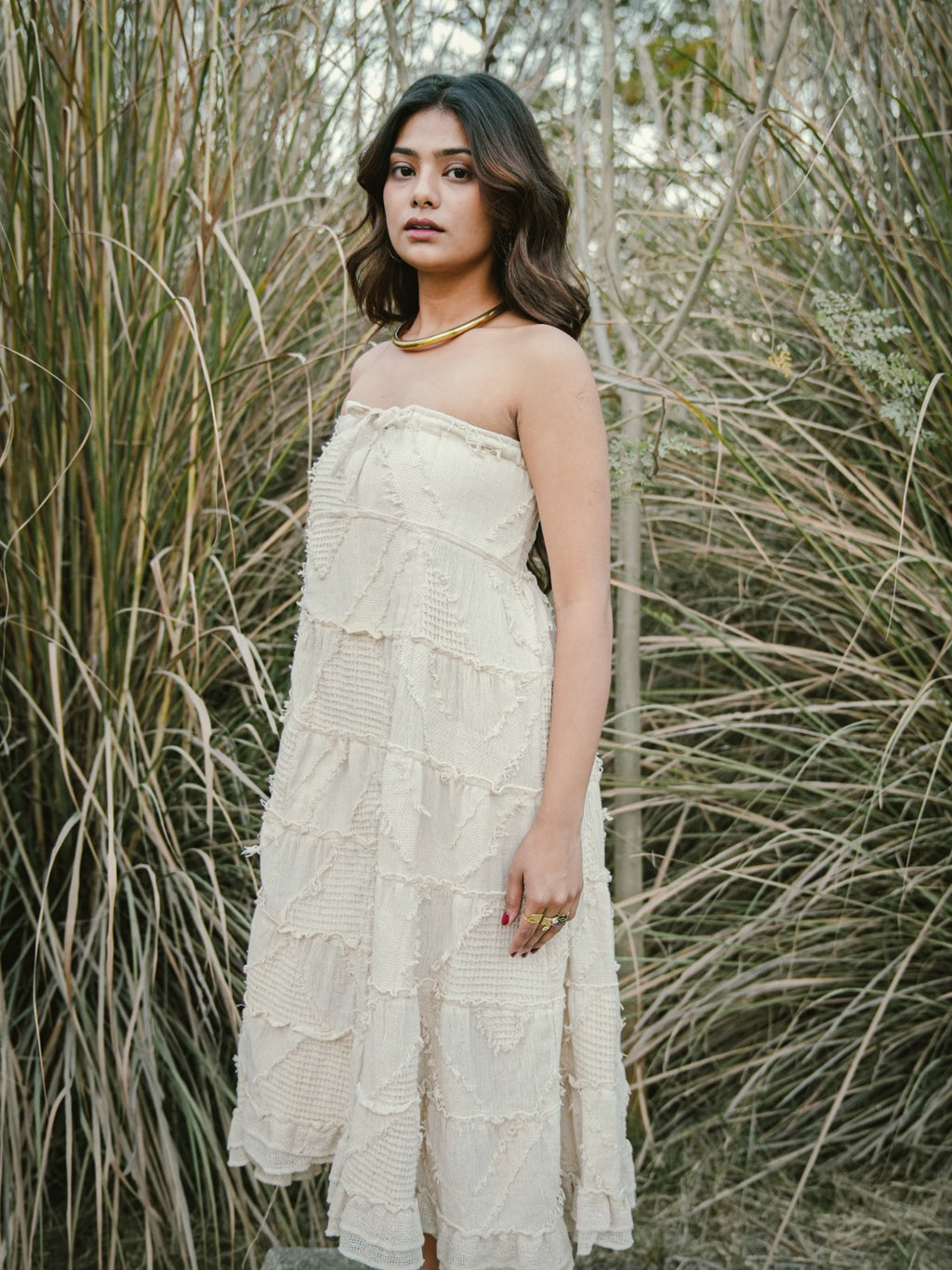 White Strapless Cotton Dress – Textured Layered Tube Dress - by Desert Dori