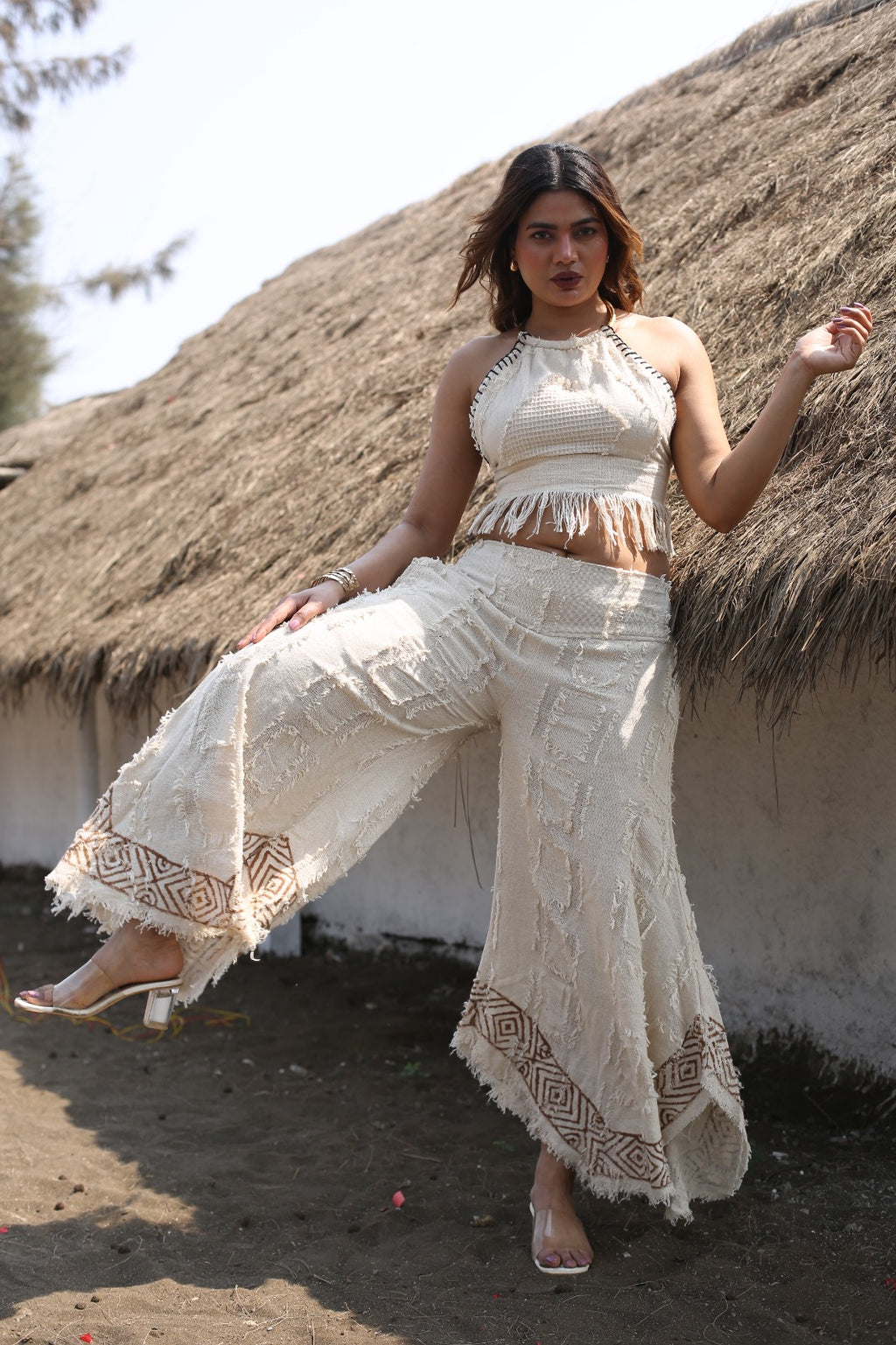 Desert Dori Women’s Primitive Cut Work Top & Block Printed Palazzo Trouser Set