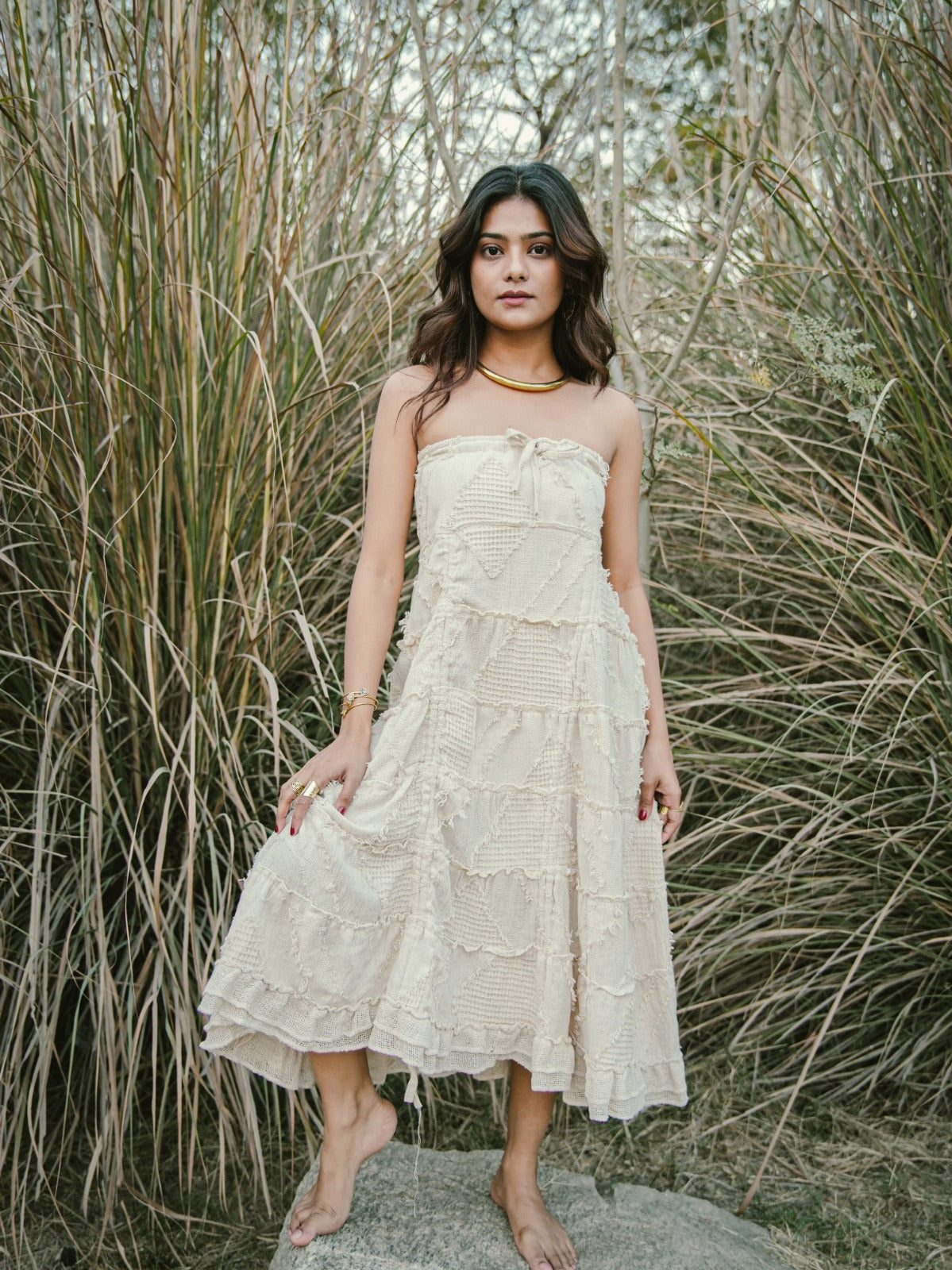 White Strapless Cotton Dress – Textured Layered Tube Dress - by Desert Dori