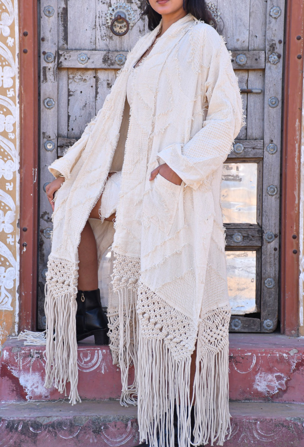 Desert Dori Women’s Cotton Tasseled Kimono Cover-Up with Lace Detailing