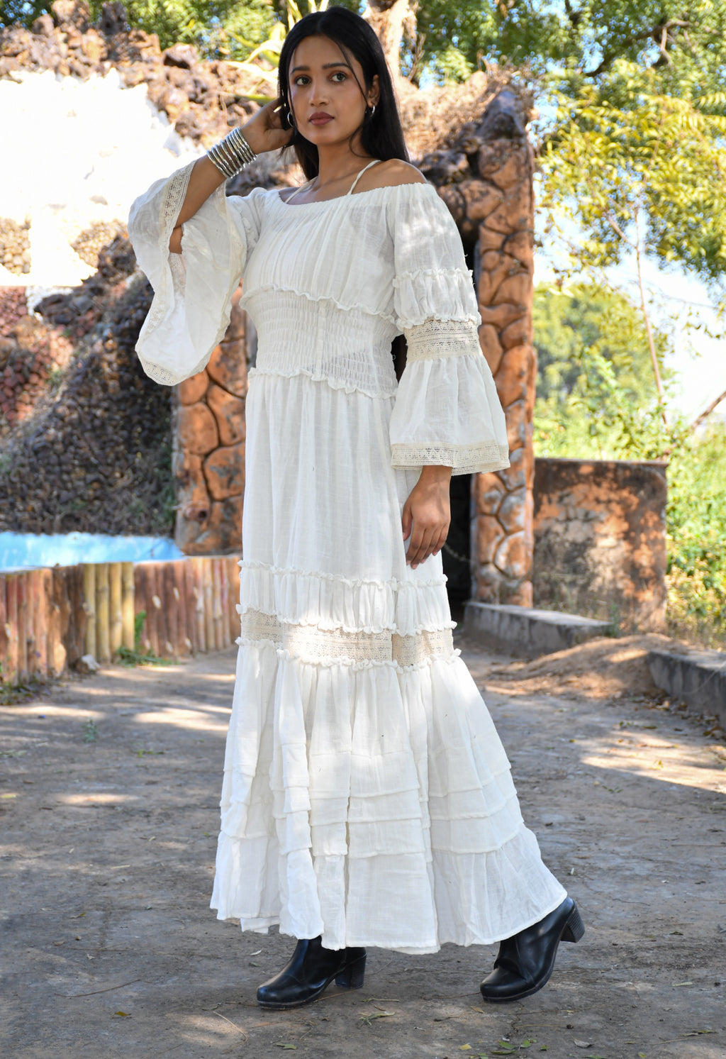 Desert Dori Women’s Frill Border Off Shoulder Cotton Maxi Dress