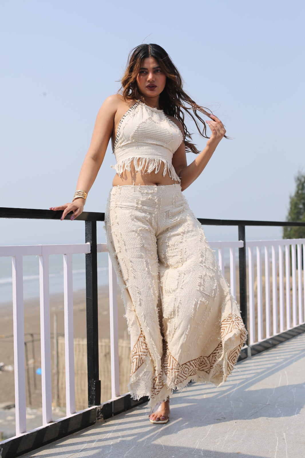 Desert Dori Women’s Primitive Cut Work Top & Block Printed Palazzo Trouser Set