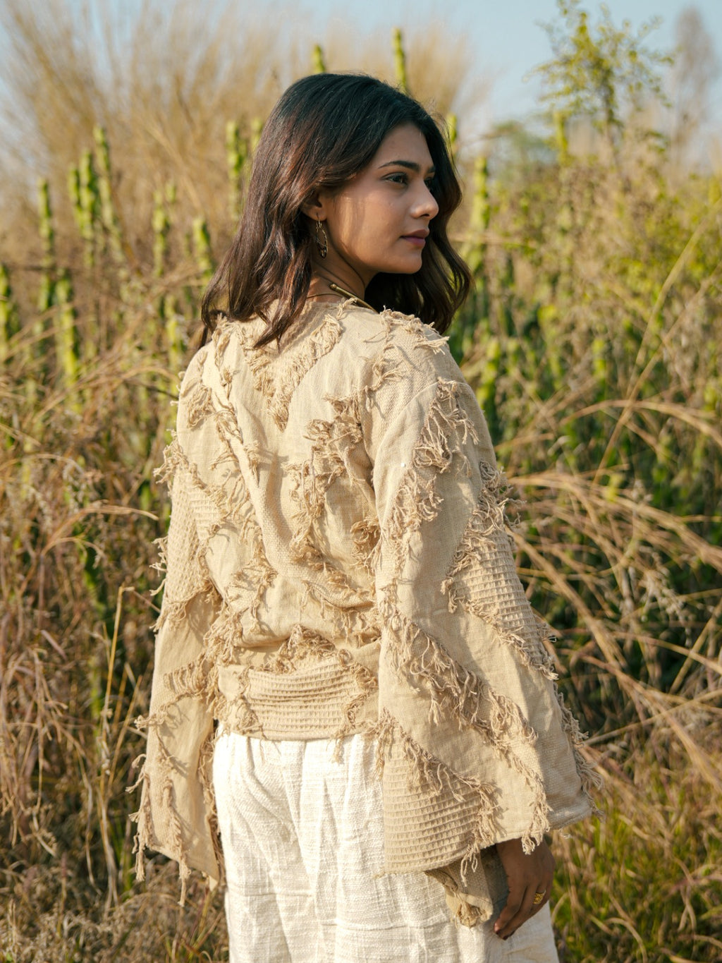 Desert Dori Raja Tie Wrap Top – Patch Work Jute Top with Bell Sleeves