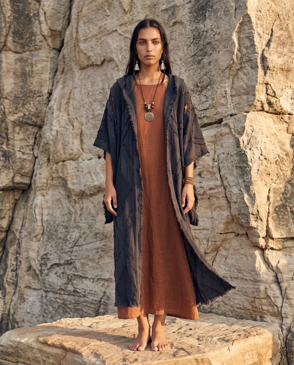 Handmade Cotton Hooded Kimono Robe, Boho Tribal Festival Wear (Unisex)