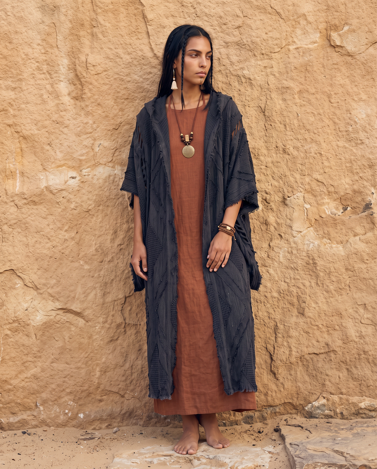 Handmade Cotton Hooded Kimono Robe, Boho Tribal Festival Wear (Unisex)